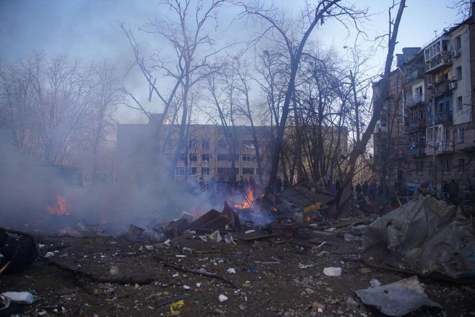 Residential buildings damaged by shelling are seen in Kyiv