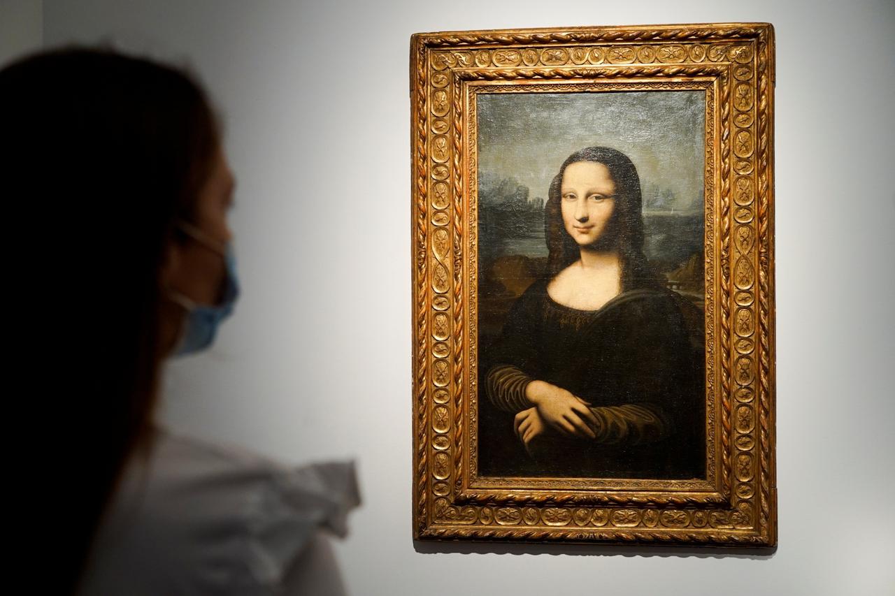 Reproduction of Leonardo da Vinci's Mona Lisa on display at Christie's auction house in Paris