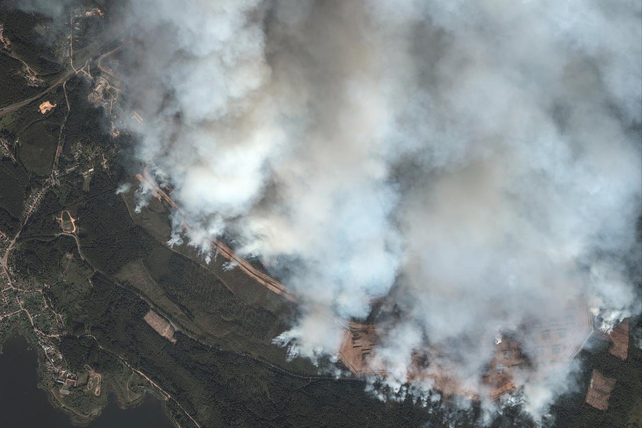 A satellite image shows an overview of the ammunition depot after the explosion, in Toropets