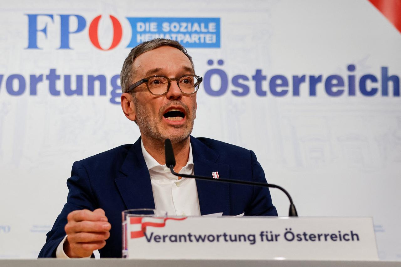 Freedom Party (FPOe) leader Herbert Kickl addresses the media in Vienna