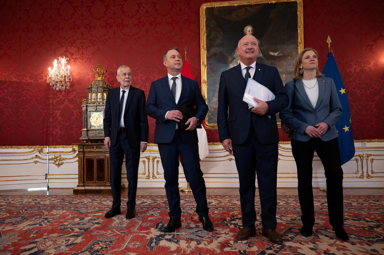 Head of People’s Party (OeVP) Christian Stocker, Head of Social Democrats Andreas Babler and head of NEOS party Beate Meinl-Reisinger meet Austrian President Alexander Van der Bellen