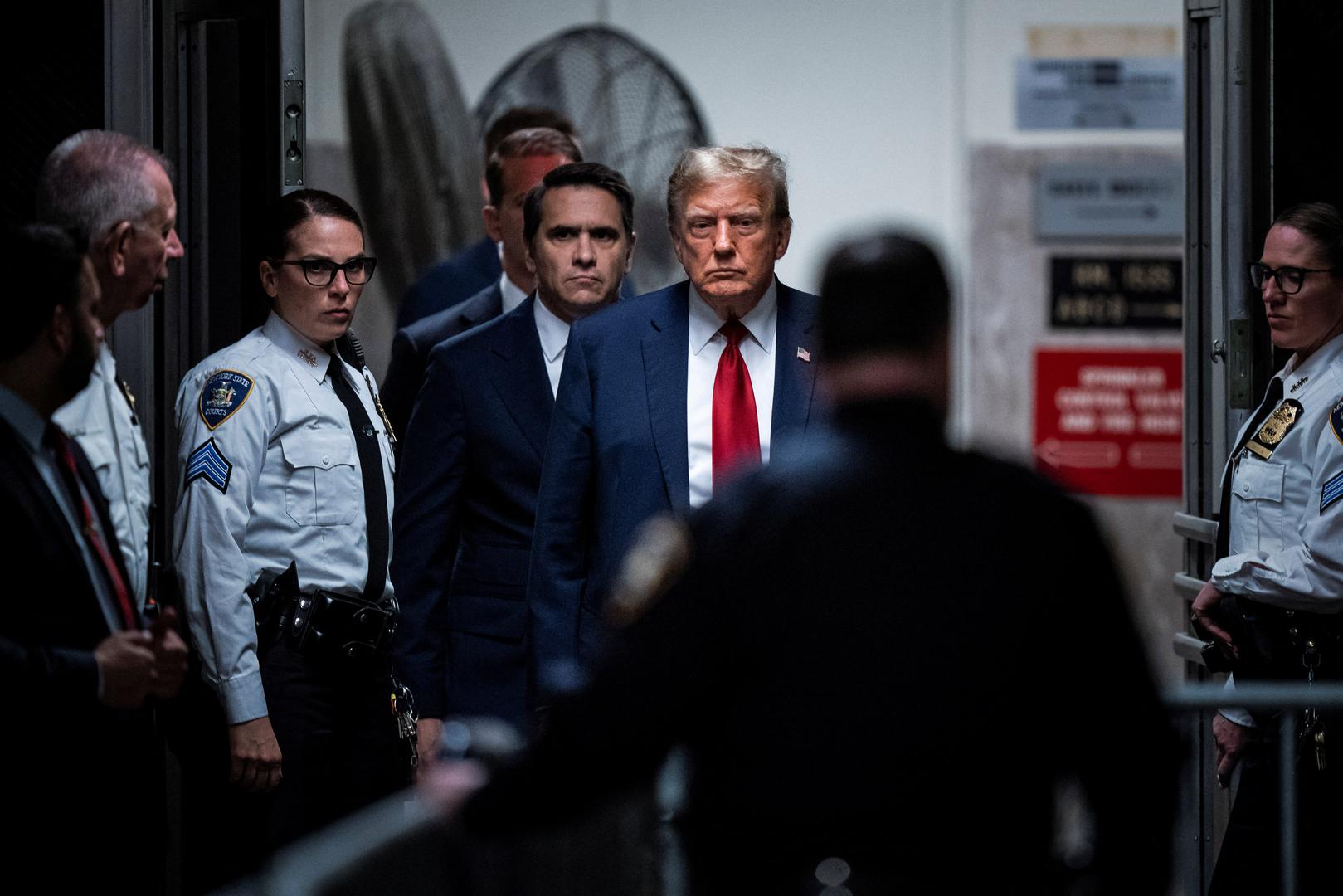 Former U.S. President Donald Trump arrives at Manhattan criminal court with his legal team ahead of the start of jury selection in New York, NY, U.S., on Monday, April 15, 2024. Trump faces 34 felony counts of falsifying business records as part of an alleged scheme to silence claims of extramarital sexual encounters during his 2016 presidential campaign. Jabin Botsford/Pool via REUTERS Photo: Jabin Botsford/REUTERS