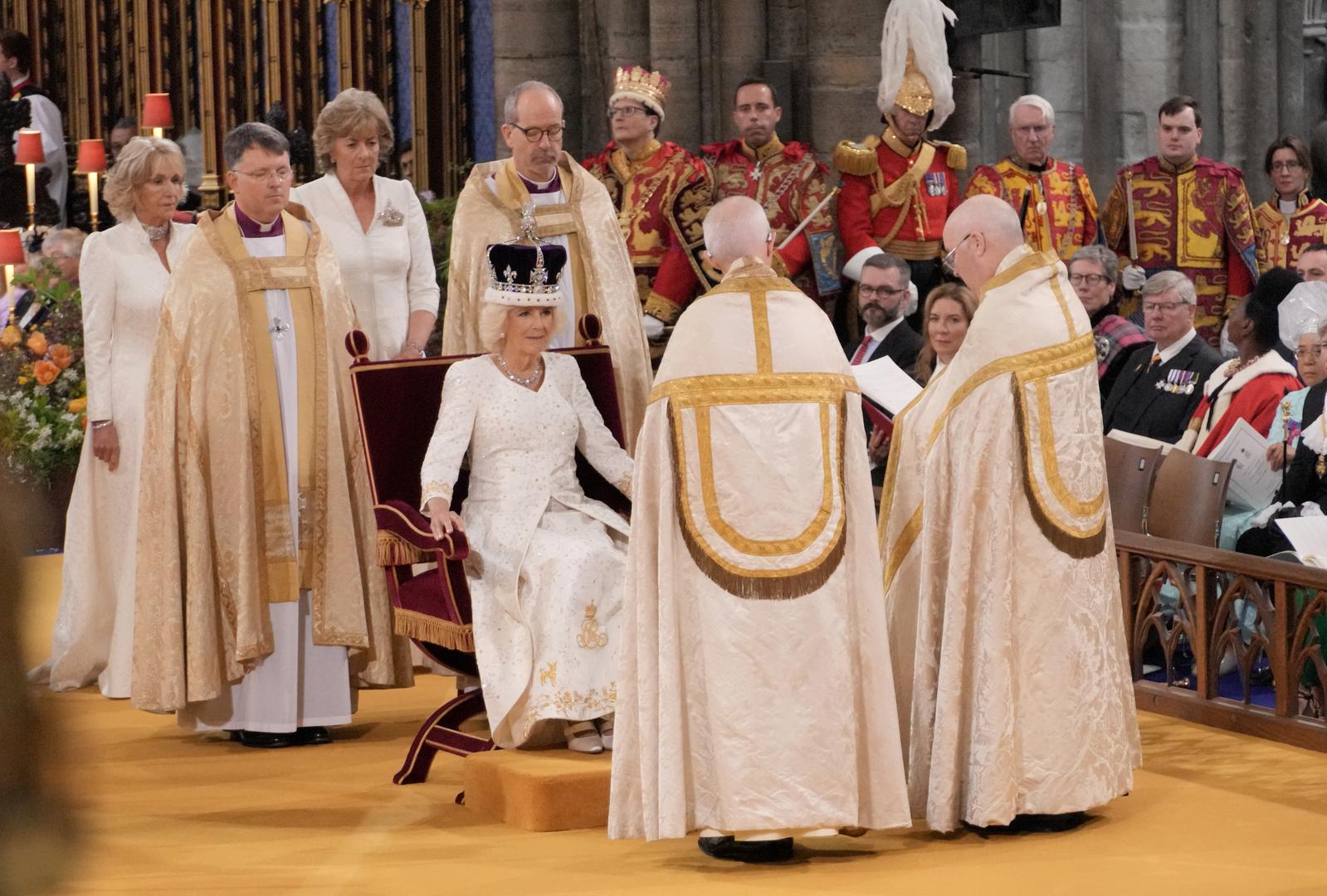 Queen Camilla is crowned with Queen Mary's Crown during her coronation ceremony at Westminster Abbey, London. Picture date: Saturday May 6, 2023. Photo: Jonathan Brady/PRESS ASSOCIATION