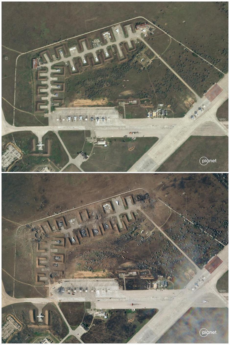 A combination photo shows satellite images of Saky air base in Crimea