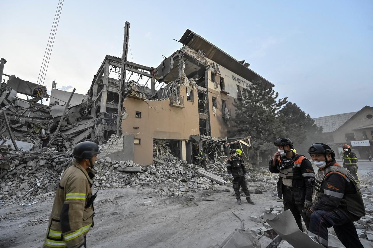 A general view shows a school that was destroyed in a recent Russian airstrike in Pokrovsk