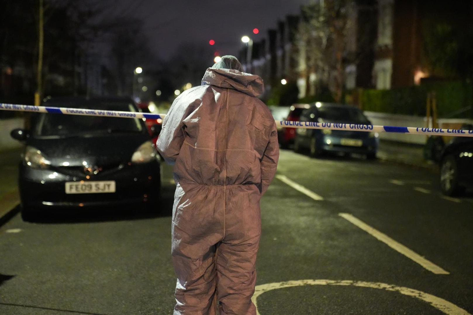 Police at the scene in Lessar Avenue near Clapham Common, south London, where a woman and her two young children have been taken to hospital after a man threw a suspected corrosive substance on Wednesday evening. Three other members of the public were also taken to hospital with injuries thought to have been suffered as they came to the aid of the woman and her children. Picture date: Thursday February 1, 2024. Photo: James Weech/PRESS ASSOCIATION