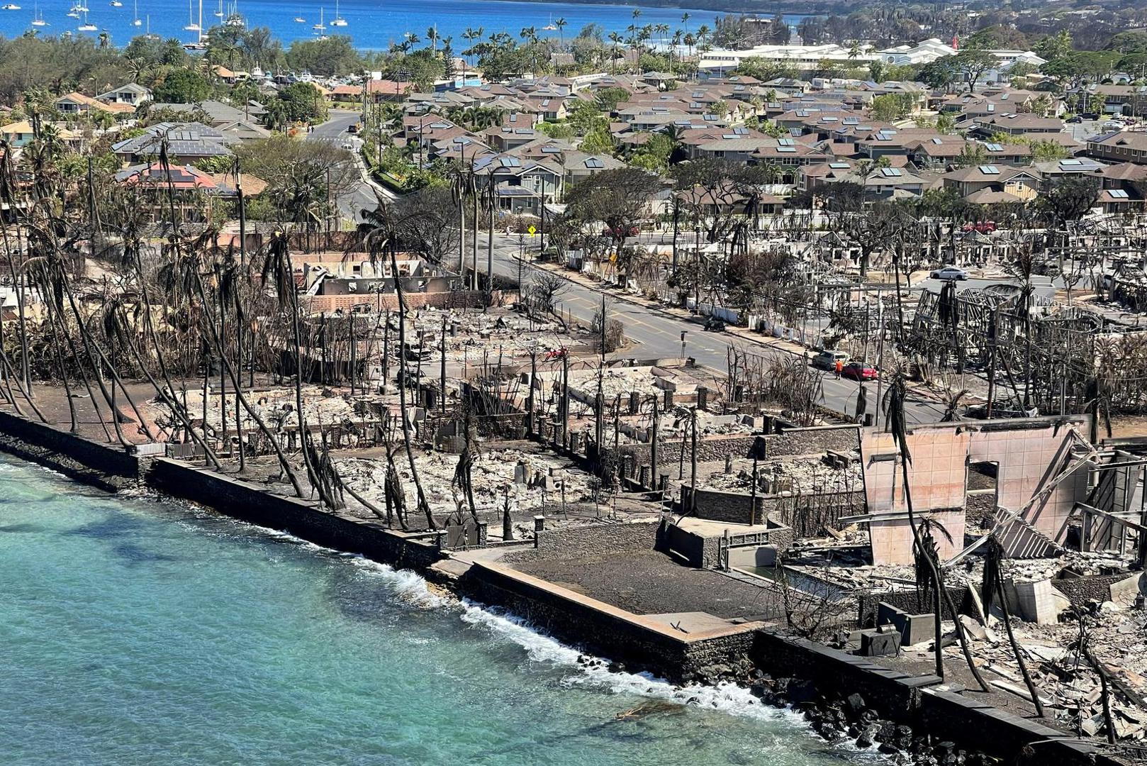 The shells of burned houses and buildings are left after wildfires driven by high winds burned across most of the town in Lahaina, Maui, Hawaii, U.S. August 11, 2023. Hawai'i Department of Land and Natural Resources/Handout via REUTERS  THIS IMAGE HAS BEEN SUPPLIED BY A THIRD PARTY. Photo: HAWAI'I DLNR/REUTERS