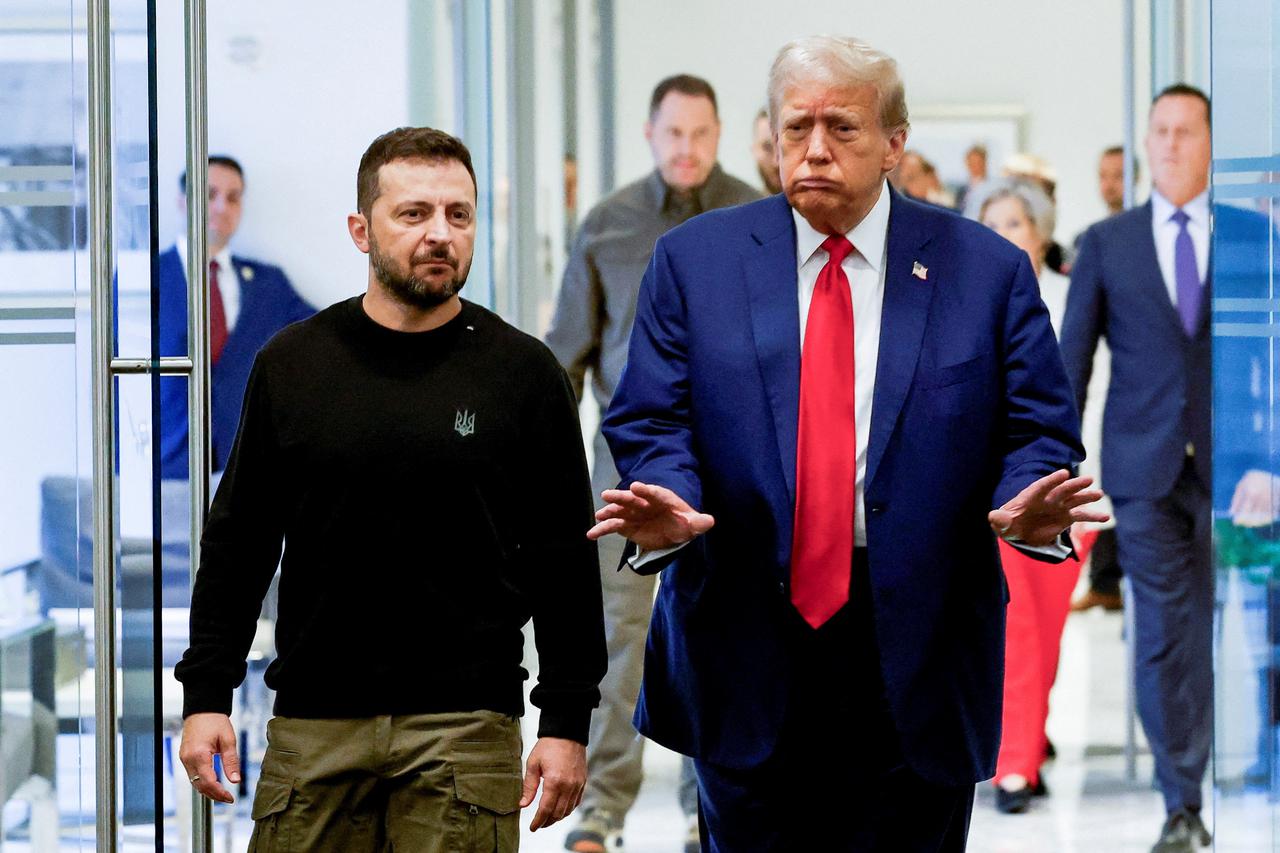 Republican presidential nominee and former U.S. President Donald Trump and Ukraine's President Volodymyr Zelenskiy meet at Trump Tower in New York City, U.S.