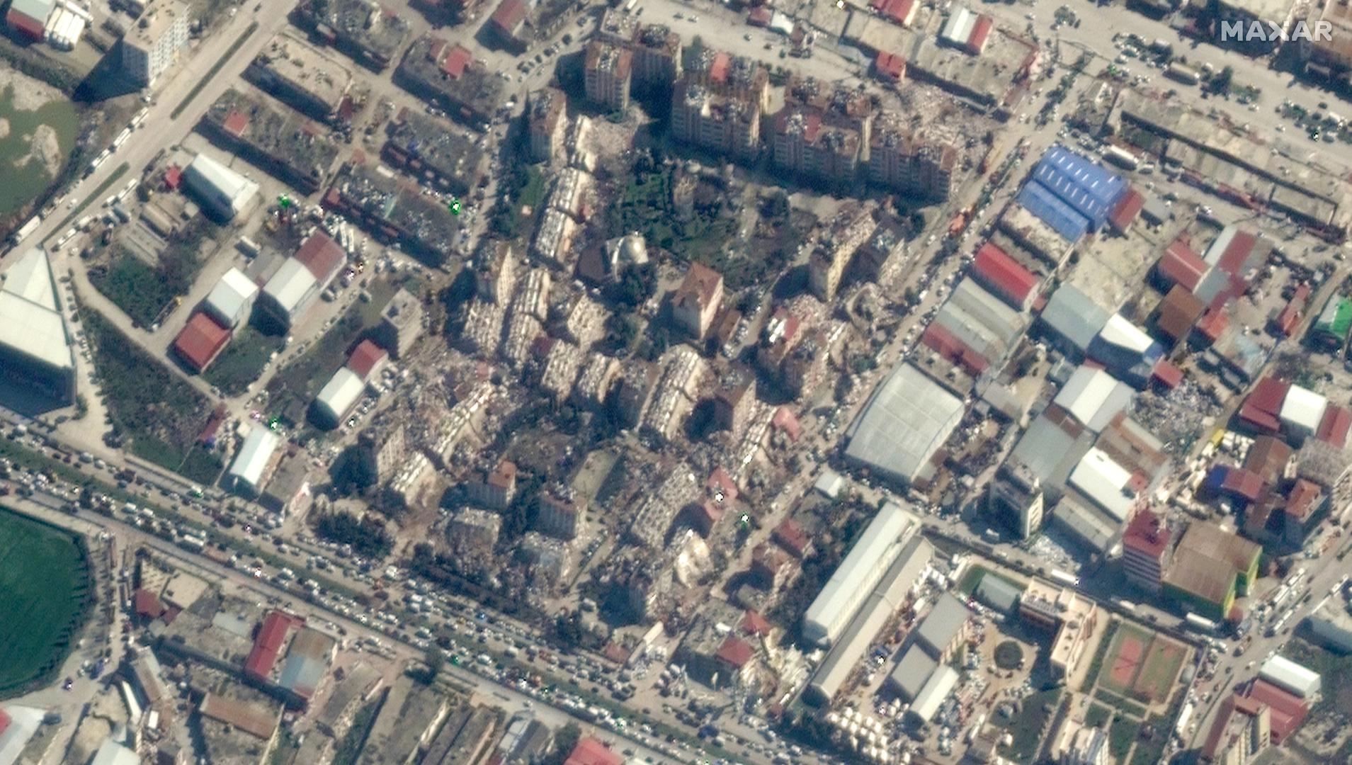 A satellite image shows collapsed buildings after an earthquake in Antakya, Turkey, February 8, 2023. Satellite image ?2023 Maxar Technologies/Handout via REUTERS   ATTENTION EDITORS - THIS IMAGE HAS BEEN SUPPLIED BY A THIRD PARTY. MANDATORY CREDIT. NO RESALES. NO ARCHIVES. DO NOT OBSCURE LOGO. Photo: MAXAR TECHNOLOGIES/REUTERS