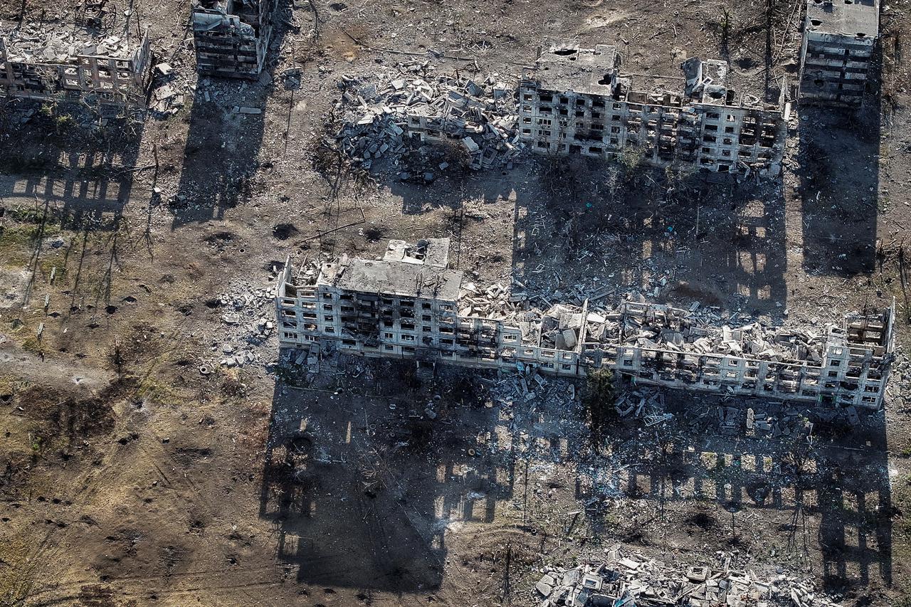 A drone view shows destroyed buildings in the frontline town of Chasiv Yar