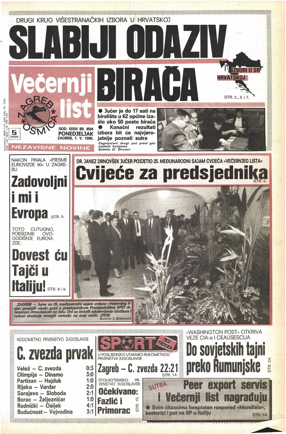 Naslovnica Večernjeg lista 7.5.1990.