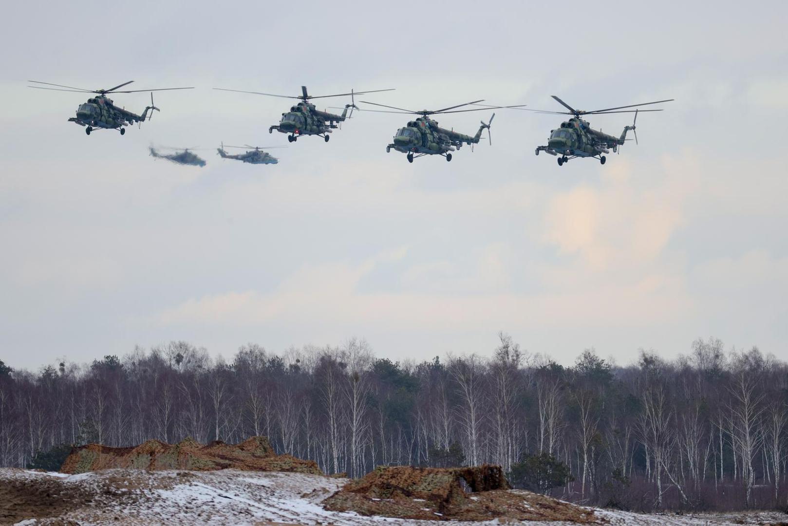 BREST REGION, BELARUS - FEBRUARY 3, 2022: Mil Mi-8 helicopters of the Belarusian Air Force take part in an exercise to test response forces of the Union State of Russia and Belarus at Brestsky firing range. Combined arms, paratrooper, artillery and air force units have completed field firing. Gavriil Grigorov/TASS Photo via Newscom Photo: Gavriil Grigorov/NEWSCOM