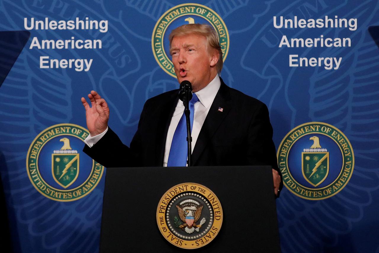 FILE PHOTO: U.S. President Donald Trump delivers remarks during an 'Unleashing American Energy' event at the Department of Energy in Washington