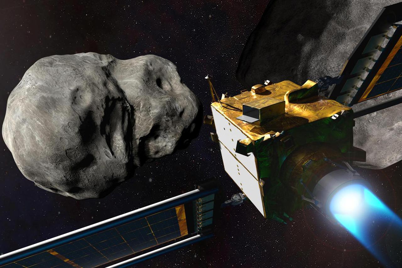 Illustration of NASA's DART spacecraft prior to impact at the Didymos binary asteroid system