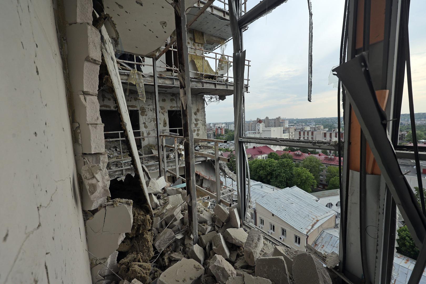 A multi-story residential building damaged by Russian shelling, Kharkiv, northeastern Ukraine, May 14, 2024. A Russian air strike has hit a high-rise residential building in Kharkiv, local officials said, as Russian forces continued to make deeper advances. There was no immediate mention of casualties or the extent of the damage, according to the regional governor, who warned there was a threat of more strikes coming. More than 7,000 people have fled Kharkiv since Russia launched its ground invasion on Friday as Kyiv’s top general warned that while the situation was stabilising, his troops are outgunned and outnumbered. Photo by Viacheslav Madiievskyi/Ukrinform/ABACAPRESS.COM Photo: Madiyevskyy Vyacheslav/Ukrinform/ABACA