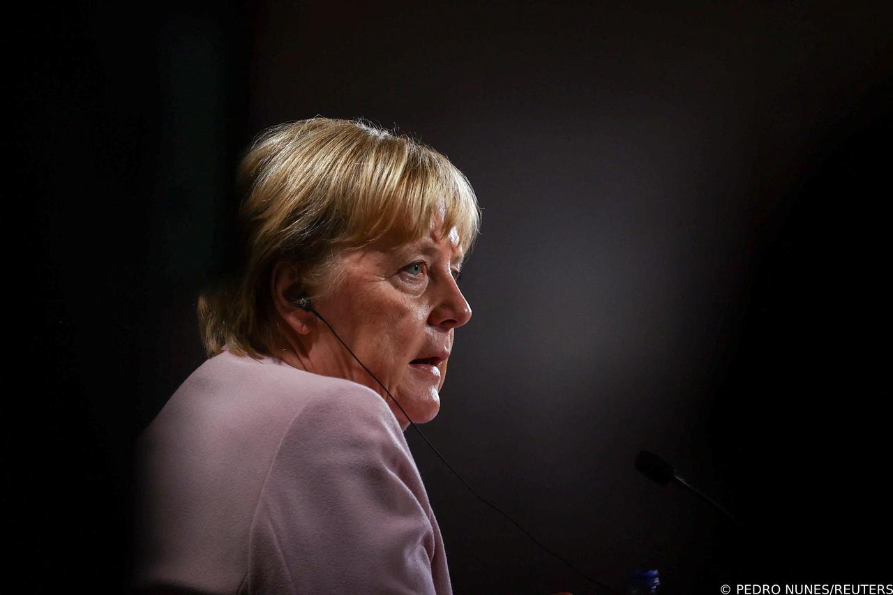 Former German Chancellor Angela Merkel attends a news conference ahead of the Gulbenkian Foundation award ceremony, in Lisbon