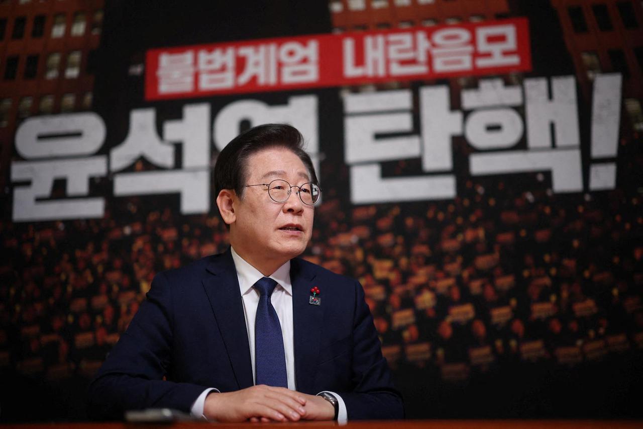 South Korea's main opposition Democratic Party leader Lee Jae-myung speaks during an interview with Reuters