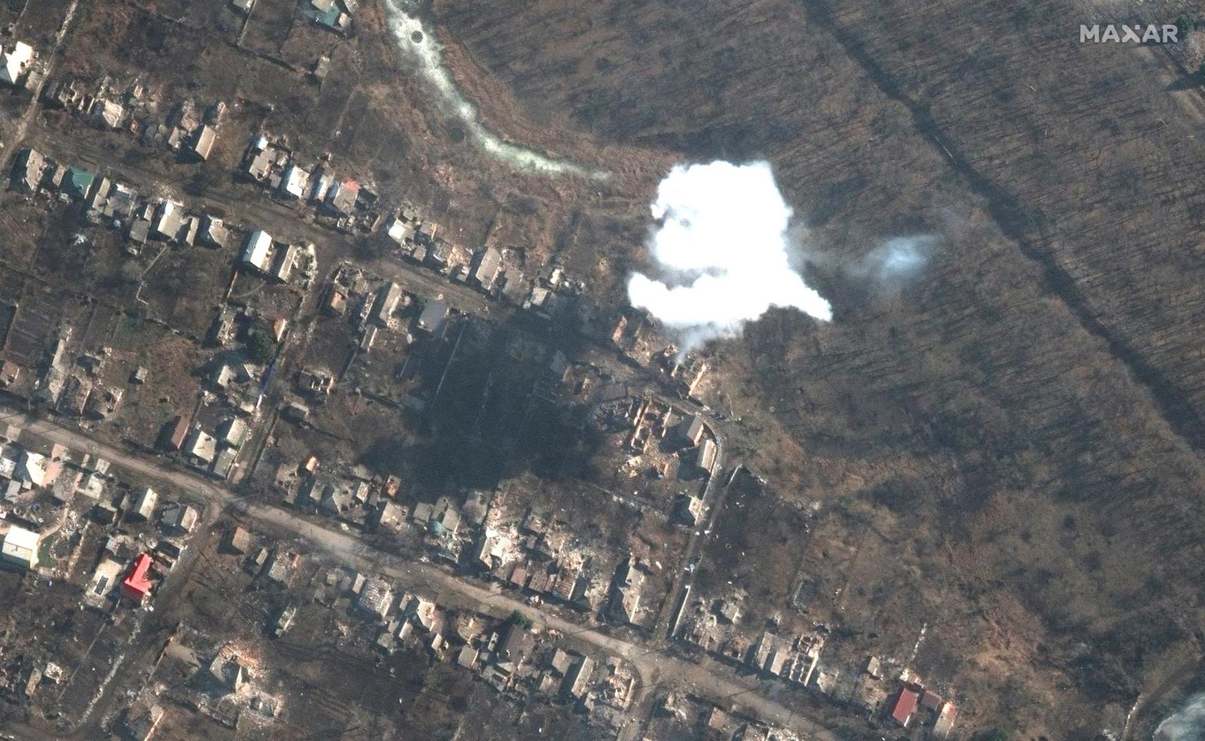 A satellite image shows smoke from recently dropped ordnance, amid Russia's attack on Ukraine, in southern Bakhmut, Ukraine, March 6, 2023. Maxar Technology/Handout via REUTERS ATTENTION EDITORS - THIS IMAGE HAS BEEN SUPPLIED BY A THIRD PARTY. MANDATORY CREDIT. NO RESALES. NO ARCHIVES. DO NOT OBSCURE LOGO. Photo: MAXAR TECHNOLOGY/REUTERS