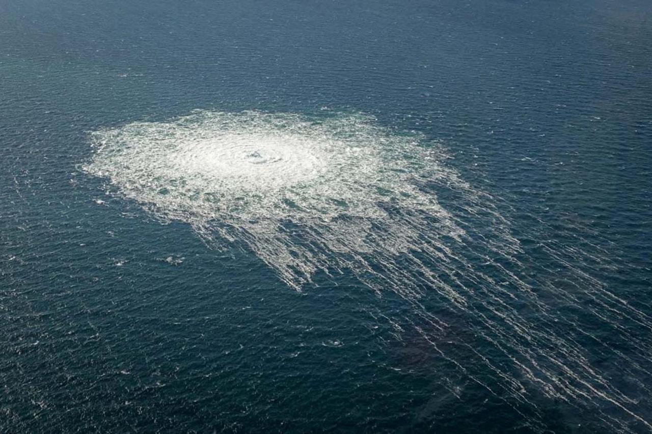 FILE PHOTO: Gas bubbles from the Nord Stream 2 leak reaching surface of the Baltic sea in the area shows disturbance of well over one kilometre  diameter near Bornholm