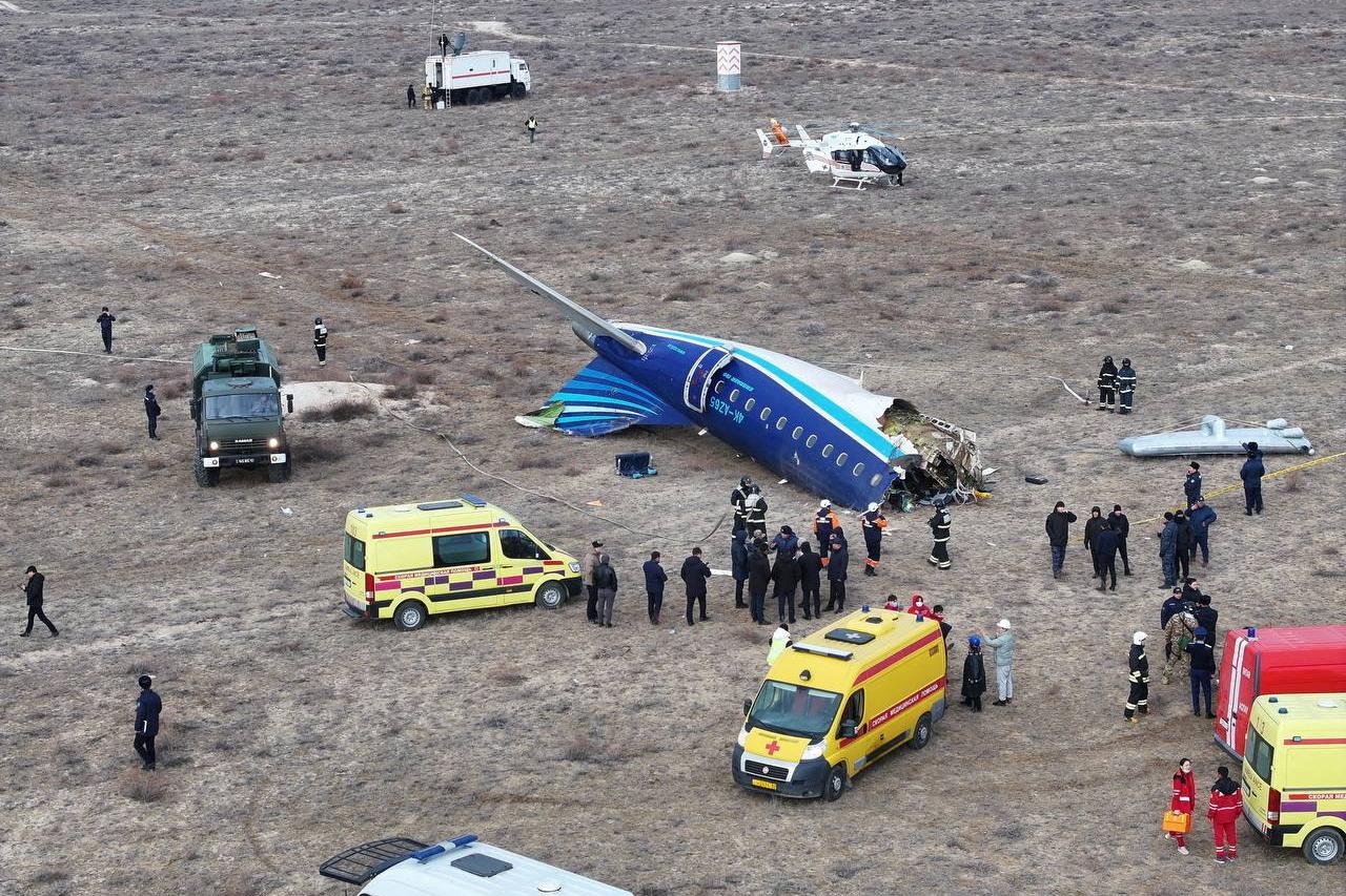 A drone view shows the crash site of a passenger plane near Aktau