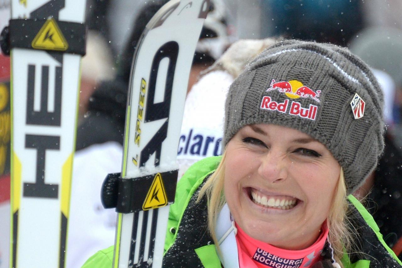 'Lindsey Vonn of the US celebrates her victory in the women\'s Alpine Skiing World Cup Super-G in Lake Louise on December 2, 2012. Vonn won ahead of compatriot Julia Mancuso and third placed Austrian 