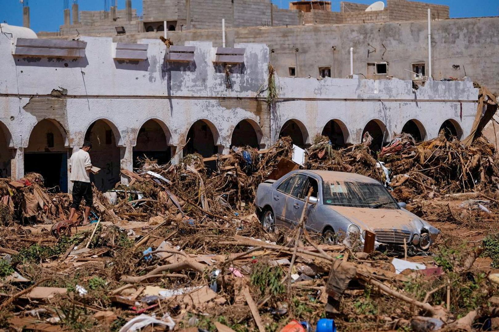 A view shows a damaged car, following a powerful storm and heavy rainfall hitting the country, in Derna, Libya September 13, 2023. REUTERS/Esam Omran Al-Fetori     TPX IMAGES OF THE DAY Photo: ESAM OMRAN AL-FETORI/REUTERS