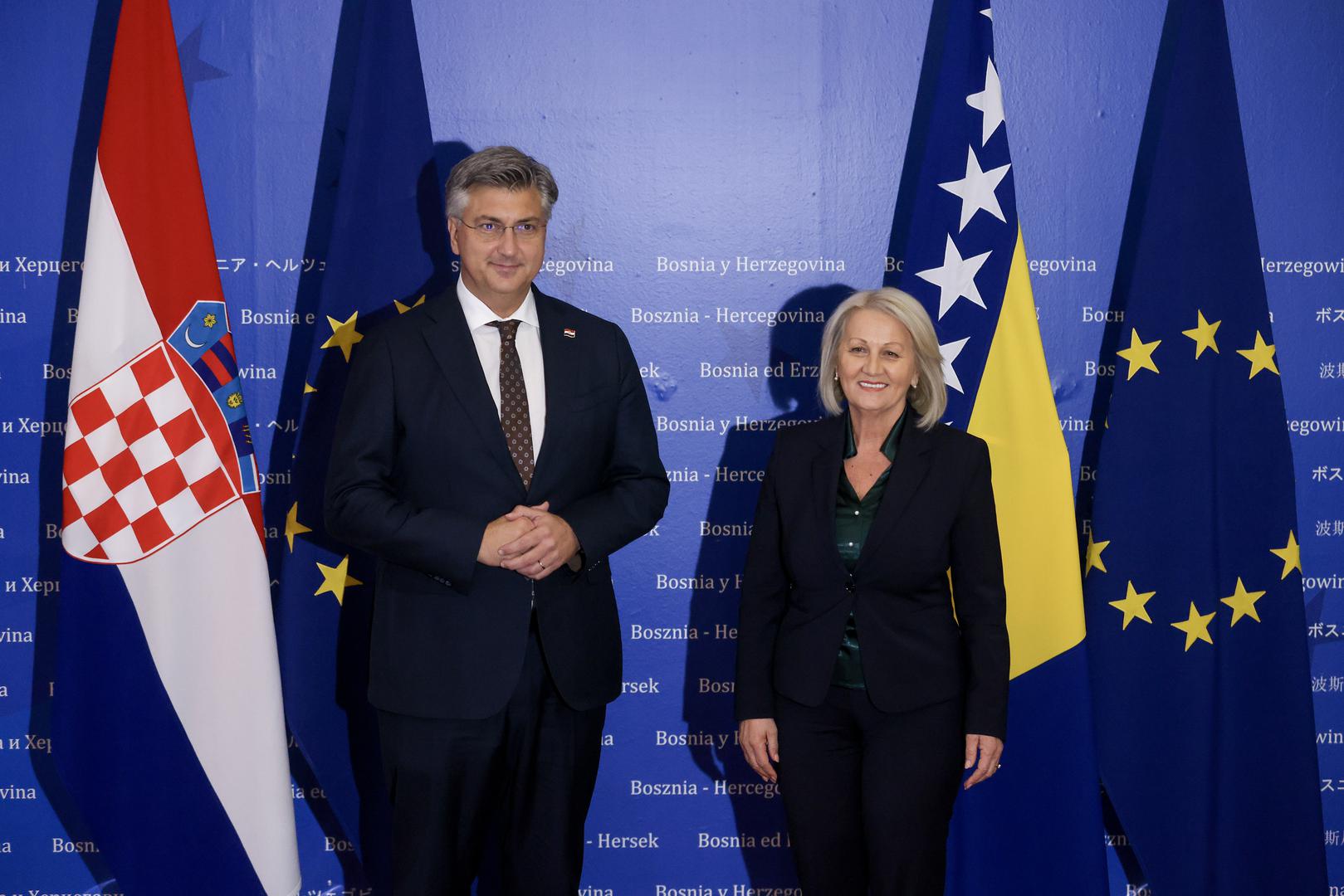 19.10.2023., Sarajevo, Bosna i Hercegovina - Predsjednik Vlade Andrej Plenkovic stigao je u sluzbeni posjet BiH, te se sastao s Predsjedateljicom Vijeca ministara BiH Borjanom Kristo. Photo: Armin Durgut/PIXSELL