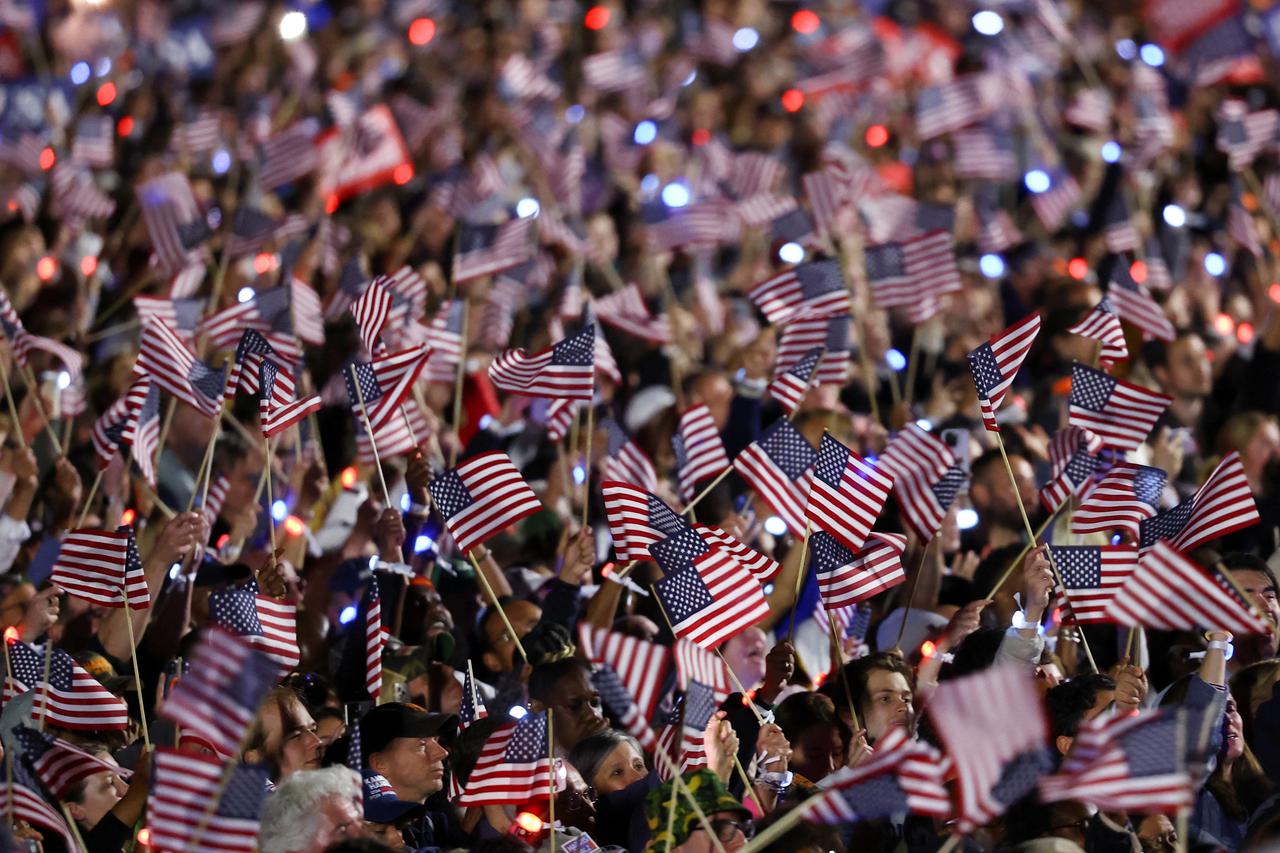 Democratic presidential nominee U.S. Vice President Kamala Harris delivers a speech on the National Mall, in Washington