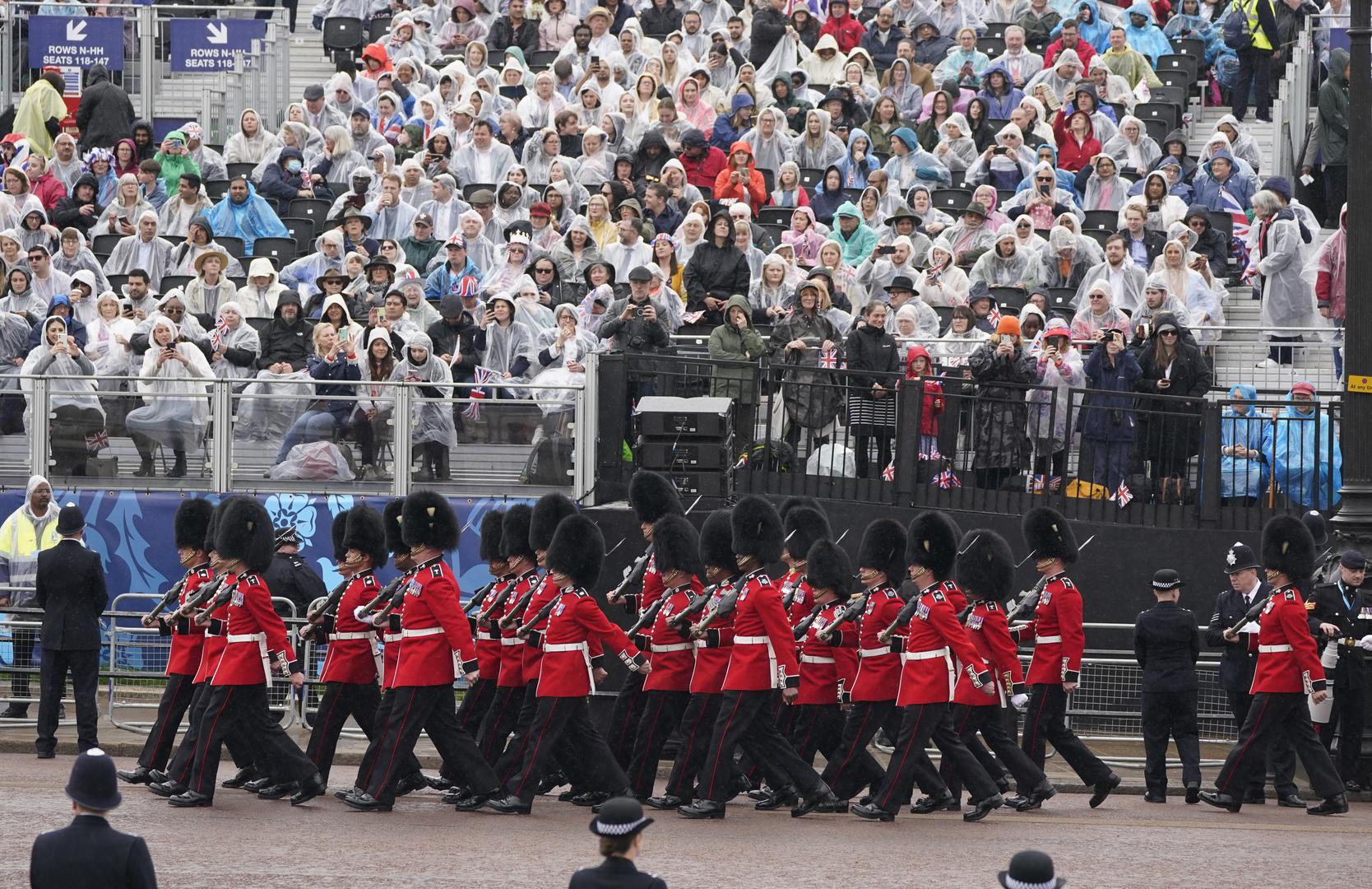 Coldstream Guards marching along The Mall ahead of the coronation ceremony of King Charles III and Queen Camilla in central London. Picture date: Saturday May 6, 2023. Photo: Owen Humphreys/PRESS ASSOCIATION