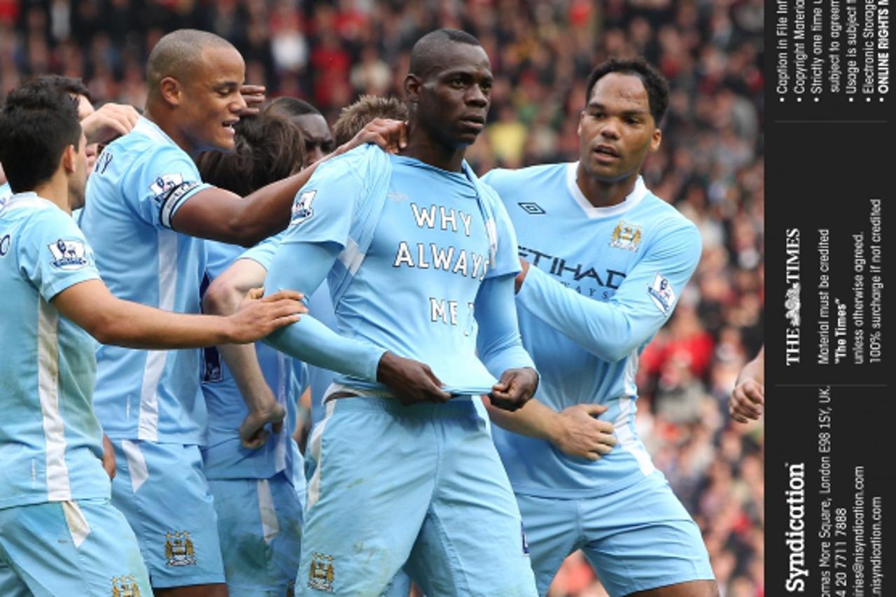 '23.10.11. Manchester United v Manchester City. Mario Balotelli after opening the scoring for City. Credit: The Times Online rights must be cleared by N.I.Syndication Photo: NI Syndication/PIXSELL'