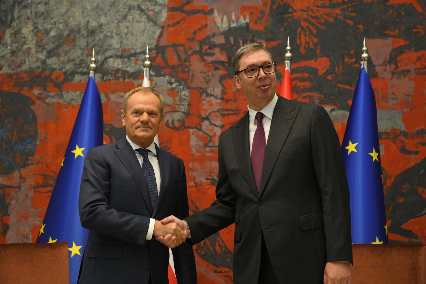 24, October, 2024, Belgrade - The President of the Republic of Serbia, Aleksandar Vucic, will host the Prime Minister of the Republic of Poland, Donald Tusk, who is on an official visit to the Republic of Serbia from October 23 to 24 - Tête-à-tête meeting between Aleksandar Vucic and Donald Tusk. Donald Tusk, Aleksandar Vucic. Photo: R.Z./ATAImages 

24, oktobar, 2024, Beograd - Predsednik Republike Srbije Aleksandar Vucic ugostice predsednika Vlade Republike Poljske Donalda Tuska koji boravi u zvanicnoj poseti Republici Srbiji od 23. do 24. oktobra. Photo: R.Z./ATAImages Photo: R.Z./ATAImages/PIXSELL