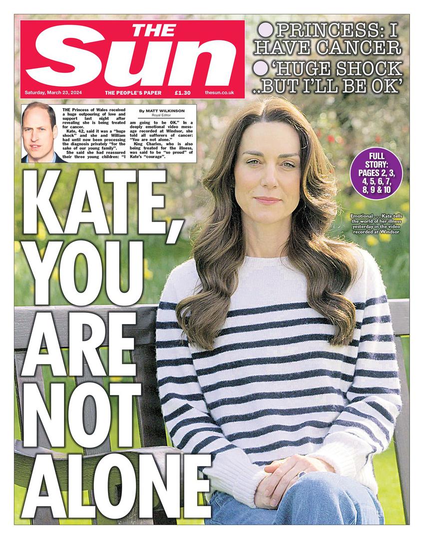 Ujedinjeno Kraljevstvo (UK) u subotu je šokirano objavom o raku princeze Kate, a njezina izjava o tome popraćena fotografijama na subotnjim je naslovnicama britanskog tiska, koji obožava Kate i vidi je kao uzornu članicu monarhije.