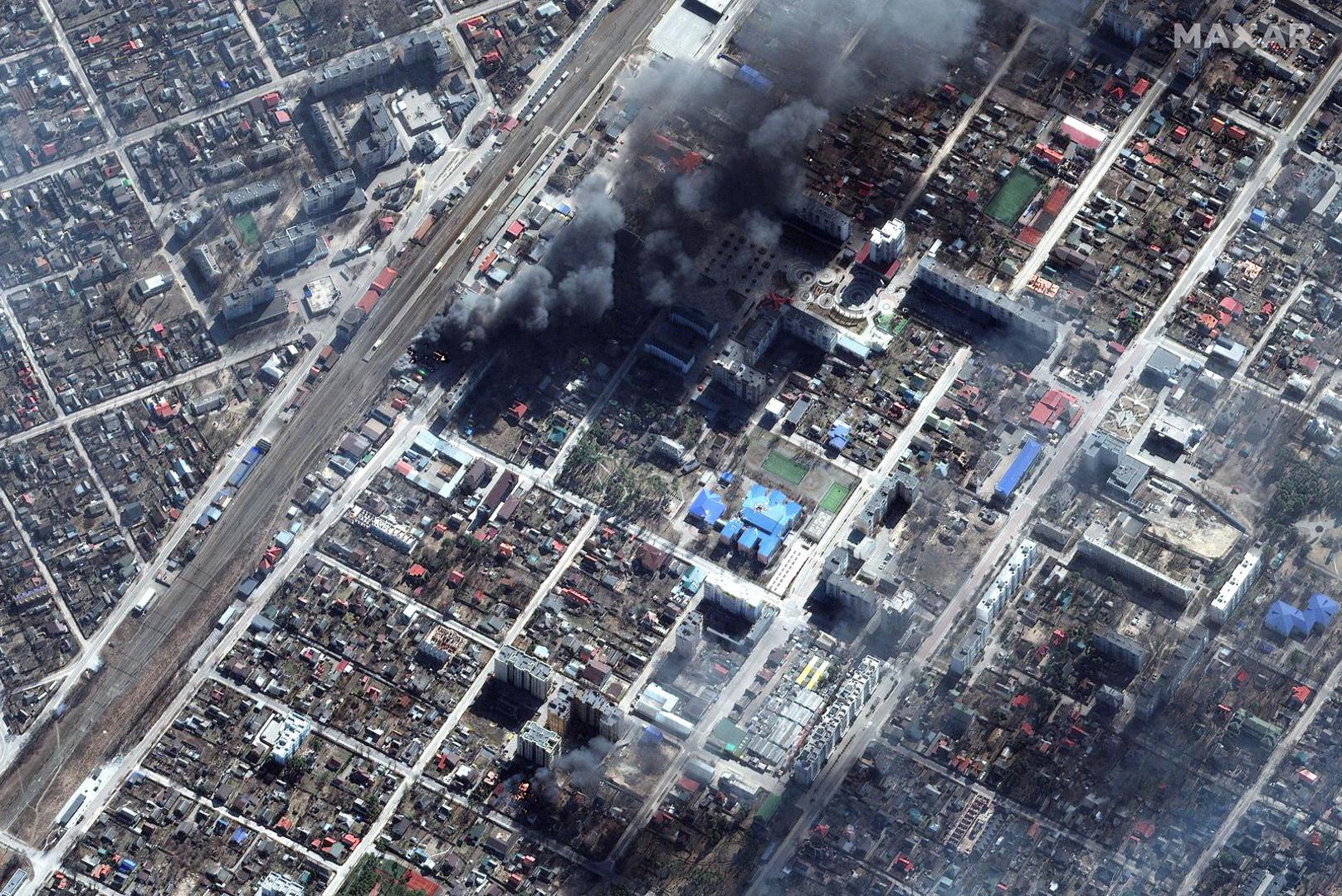 A satellite image shows burning buildings in Irpin, Ukraine, March 21, 2022. Satellite image ©2022 Maxar Technologies/Handout via REUTERS ATTENTION EDITORS - THIS IMAGE HAS BEEN SUPPLIED BY A THIRD PARTY. MANDATORY CREDIT. NO RESALES. NO ARCHIVES. DO NOT OBSCURE LOGO. Photo: MAXAR TECHNOLOGIES/REUTERS