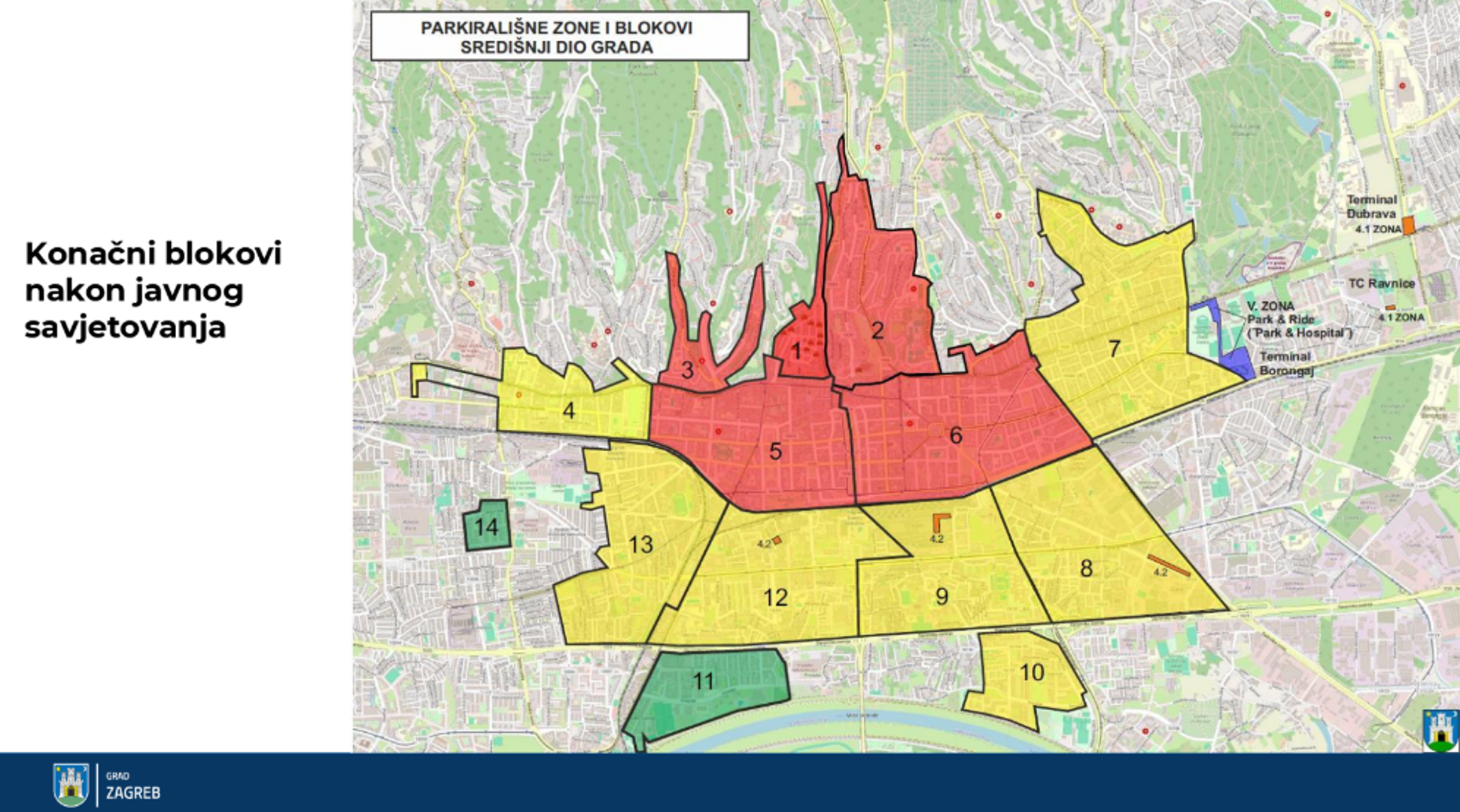 Primjena blokovskog parkiranja kreće 26. listopada Neki blokovi su se povećali kako bi se omogućilo lakše pronalaženje parkinga, a  novost je da će građani kod kupnje povlaštene parkirališne karte moći odabrati susjedni blok, u istoj ili nižoj zoni naplate umjesto svog. Ukoliko se nalaze na granici svog bloka npr. uz istočnu granicu 6. bloka, mogu odabrati 7. blok za parkiranje, objasnio je Tomašević.