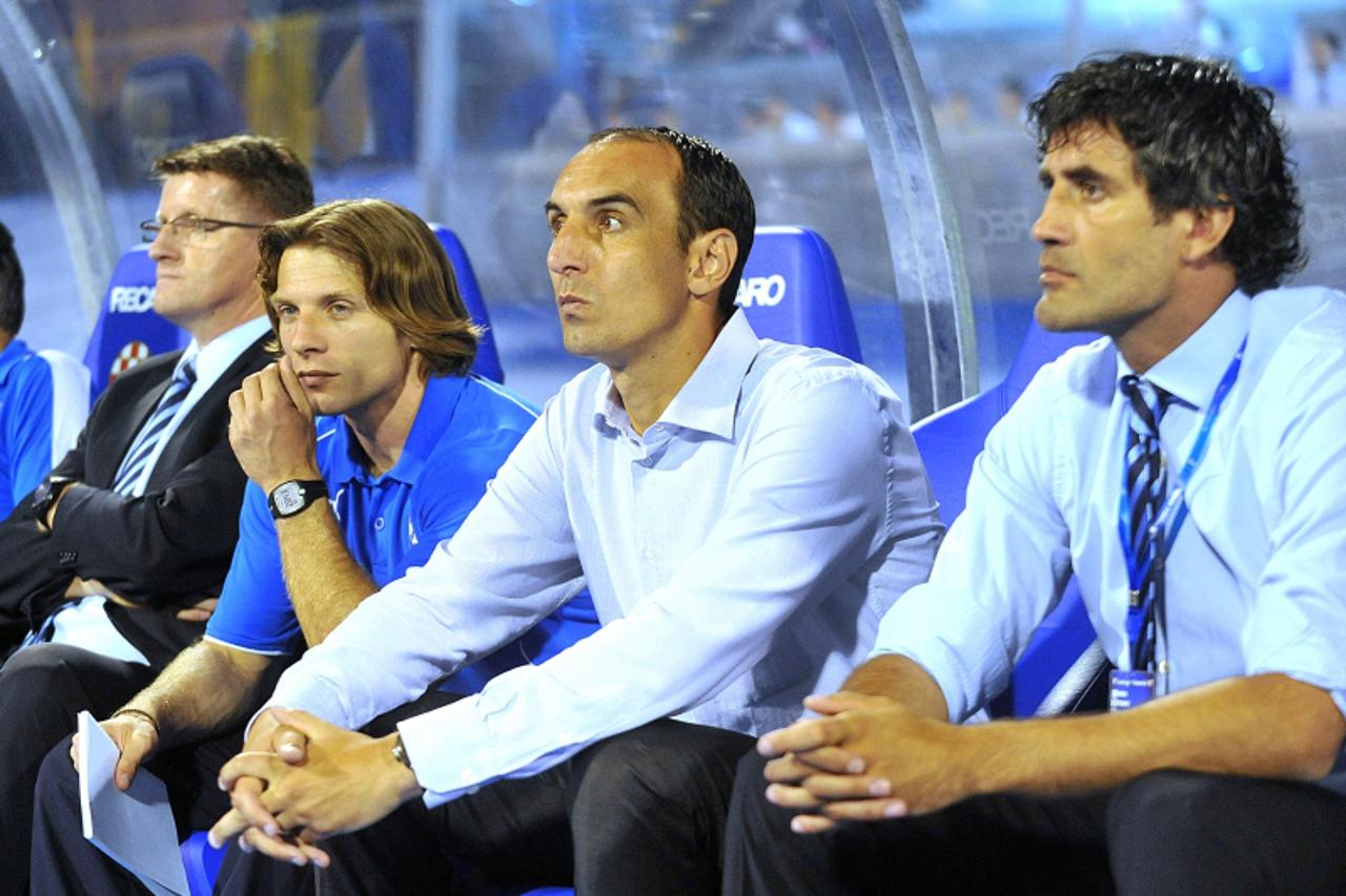 '03.08.2011., stadion u Maksimiru, Zagreb - Druga utakmica 3. pretkola Lige prvaka, GNK Dinamo - HJK Helsinki. Krunoslav Jurcic, trener GNK Dinamo, Zoran Mamic, sportski direktor, Tomislav Rukavina, p