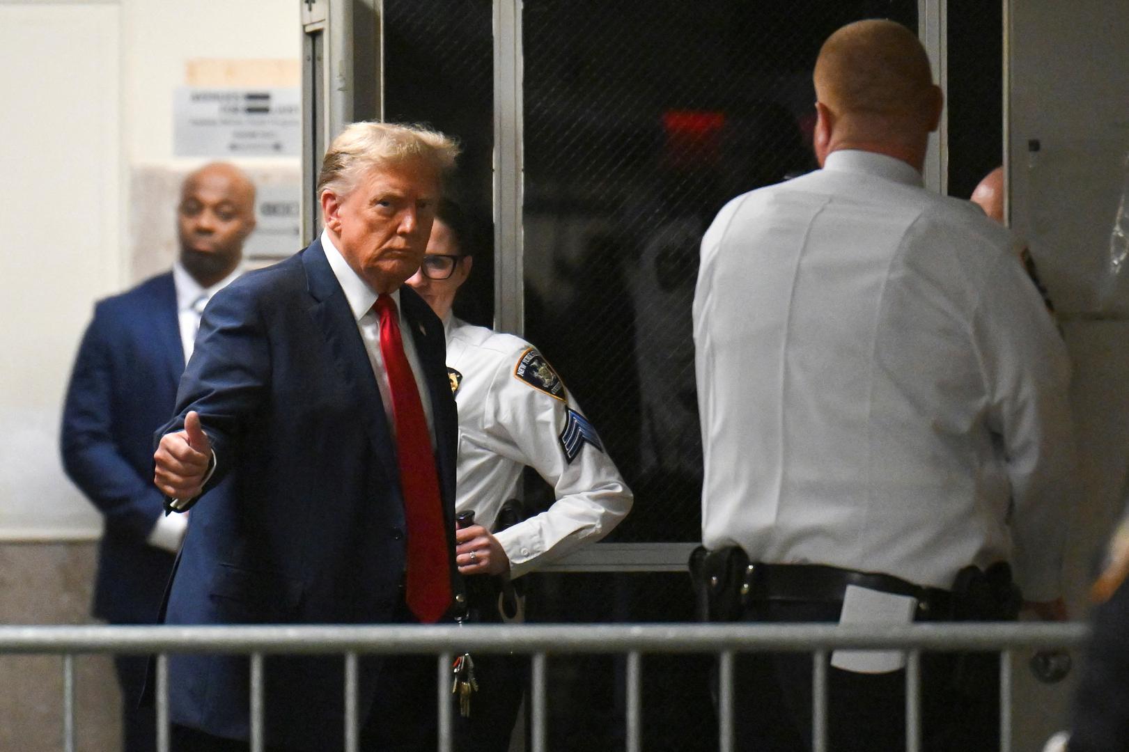 Former U.S. President Donald Trump gives a thumbs up as he returns to the courtroom after a break during the first day of his trial for allegedly covering up hush money payments linked to extramarital affairs, at Manhattan Criminal Court in New York City, U.S., on April 15, 2024.  Angela Weiss/Pool via REUTERS Photo: ANGELA WEISS/REUTERS