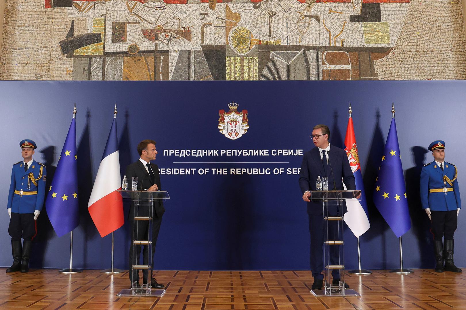 French President Emmanuel Macron and Serbian President Aleksandar Vucic hold a joint press conference at the Palace of Serbia building in Belgrade, Serbia, August 29, 2024. REUTERS/Djordje Kojadinovic Photo: DJORDJE KOJADINOVIC/REUTERS