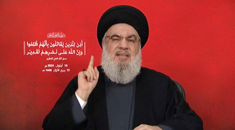 Hezbollah leader Sayyed Hassan Nasrallah gives a televised address