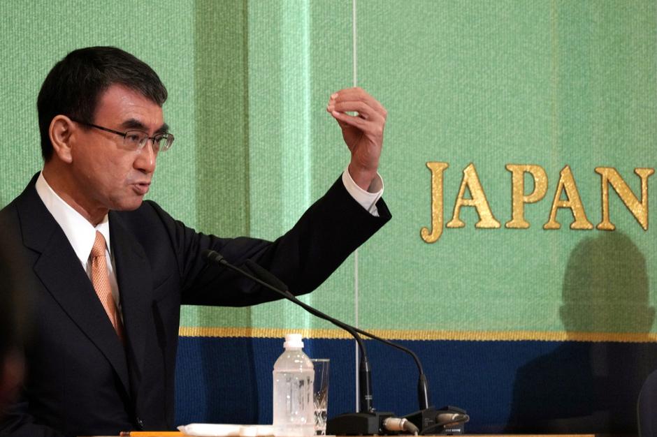 Taro Kono, the cabinet minister in charge of vaccinations, one of the candidates for the presidential election of the ruling Liberal Democratic Party speaks during a debate session held by Japan National Press Club