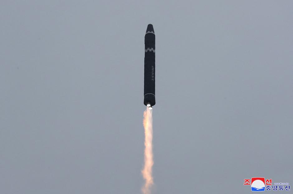 A Hwasong-15 intercontinental ballistic missile (ICBM) is launched at Pyongyang International Airport