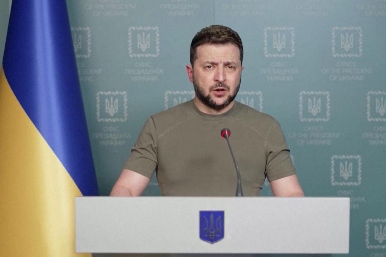 Ukrainian President Volodymr Zelenskiy speaks during his nightly address, saying that the "Battle of Donbas" has begun, in Kyiv