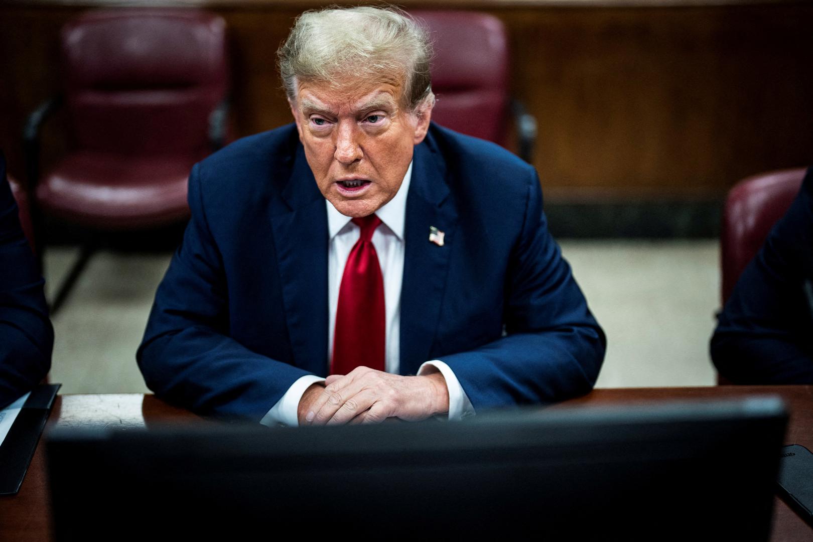 New York, NY - April 15 : Former U.S. President Donald Trump arrives at Manhattan criminal court with his legal team ahead of the start of jury selection in New York, NY on Monday, April 15, 2024. Trump faces 34 felony counts of falsifying business records as part of an alleged scheme to silence claims of extramarital sexual encounters during his 2016 presidential campaign.   Jabin Botsford/Pool via REUTERS Photo: Jabin Botsford/REUTERS