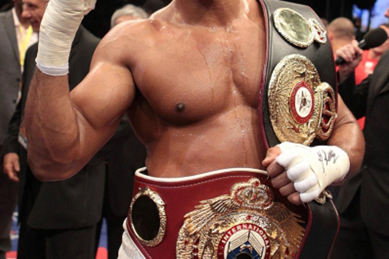 'David Haye with the WBA and WBO International Heavyweight Championship belts after beating Dereck Chisora at Upton Park, London. Photo: Press Association/Pixsell'