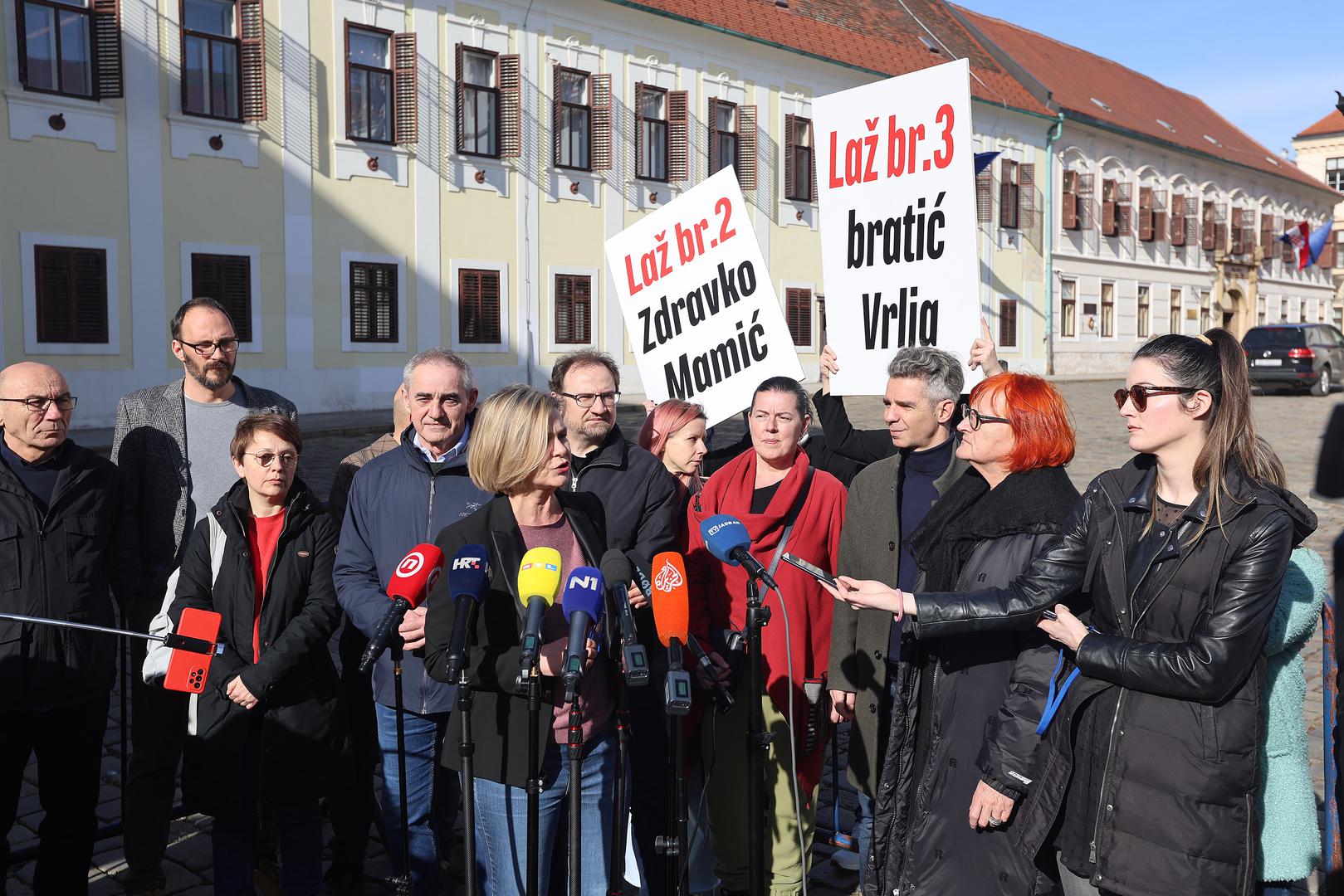 06.02.2024., Zagreb - Na konferenciji za medije stranke Mozemo odrzanoj na Trgu svetog Marka o temi "Turudiceve lazi su Plenkoviceve lazi" govorili su zastupnici stranke.
 Photo: Patrik Macek/PIXSELL