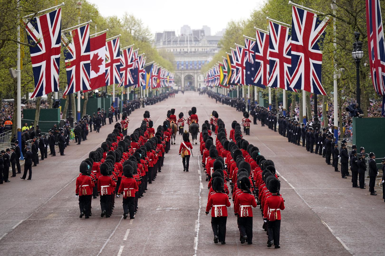 Coldstream Guards marching along The Mall ahead of the coronation ceremony of King Charles III and Queen Camilla in central London. Picture date: Saturday May 6, 2023. Photo: Niall Carson/PRESS ASSOCIATION