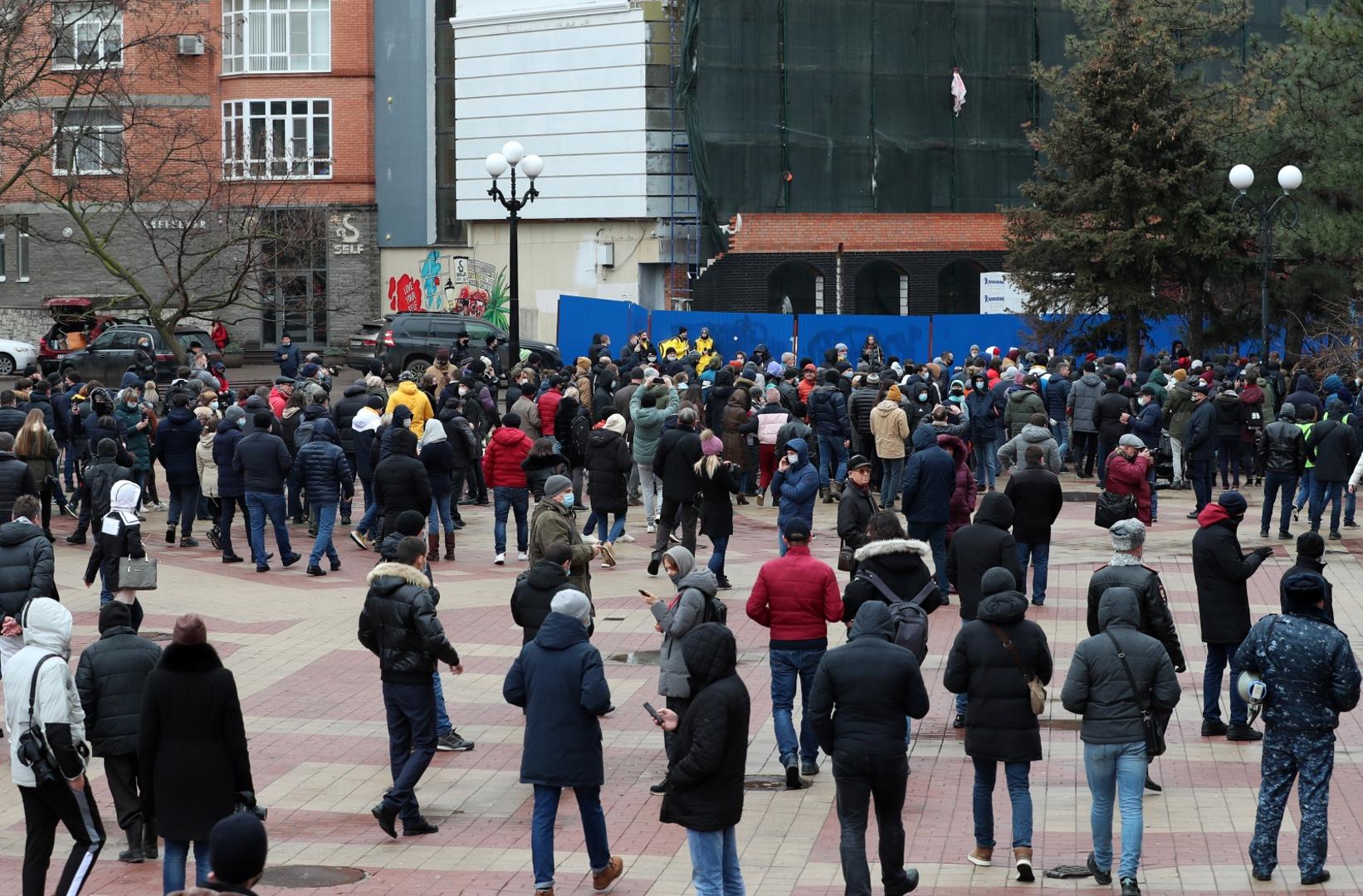 ROSTOV-ON-DON, RUSSIA - JANUARY 31, 2021: Demonstrators take part in an unauthorised protest in support of the detained opposition activist Alexei Navalny in Pushkinskaya Street. Navalny, who had been handed a suspended sentence in the Yves Rocher case in 2014, was detained at Sheremetyevo Airport near Moscow on 17 January 2021 for violating probation conditions. A court ruled that Navalny be put into custody until 15 February 2021. Erik Romanenko/TASS Photo via Newscom Newscom/PIXSELL