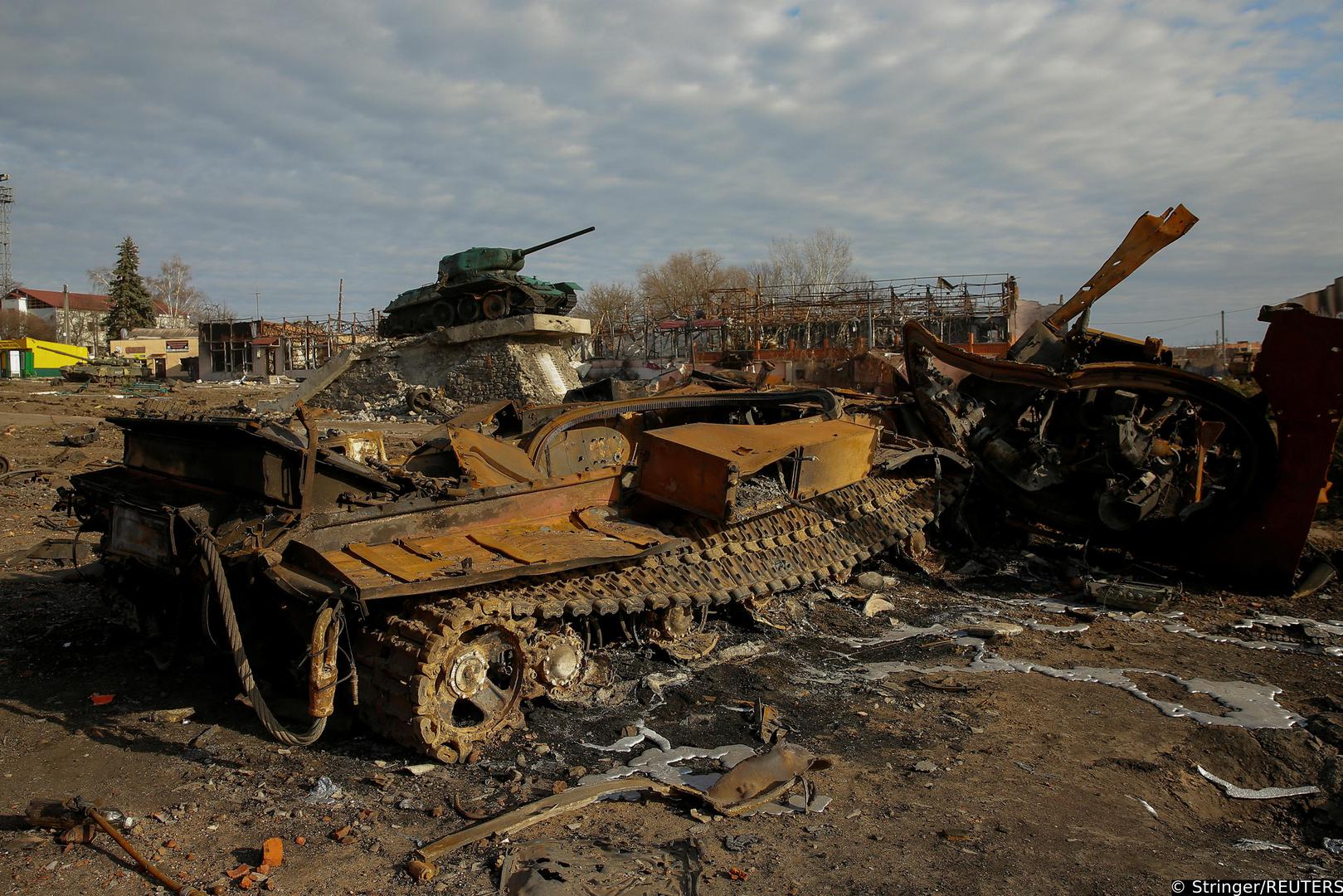 A destroyed Russian tank is seen amid Russia?s attack on Ukraine continues, in the town of Trostianets, in Sumy region, Ukraine March 28, 2022. Picture taken March 28, 2022. REUTERS/Oleg Pereverzev Photo: Stringer/REUTERS