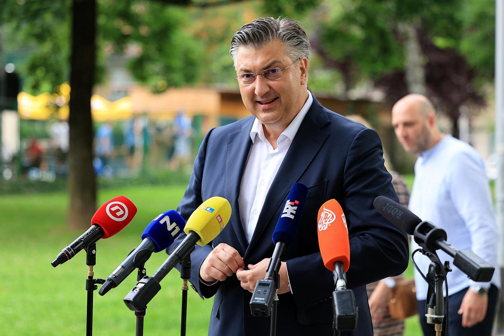 09.06.2024., Zagreb - Predsjednik HDZ-a i predsjednik Vlade RH Andrej Plenkovic dao je izjavu medijima nakon glasovanja na izborima za Europski parlment na birackom mjestu 346 u zgradi Podrucnog ureda Crnomerec na Trgu Francuske Republike 15. Photo: Marko Prpic/PIXSELL