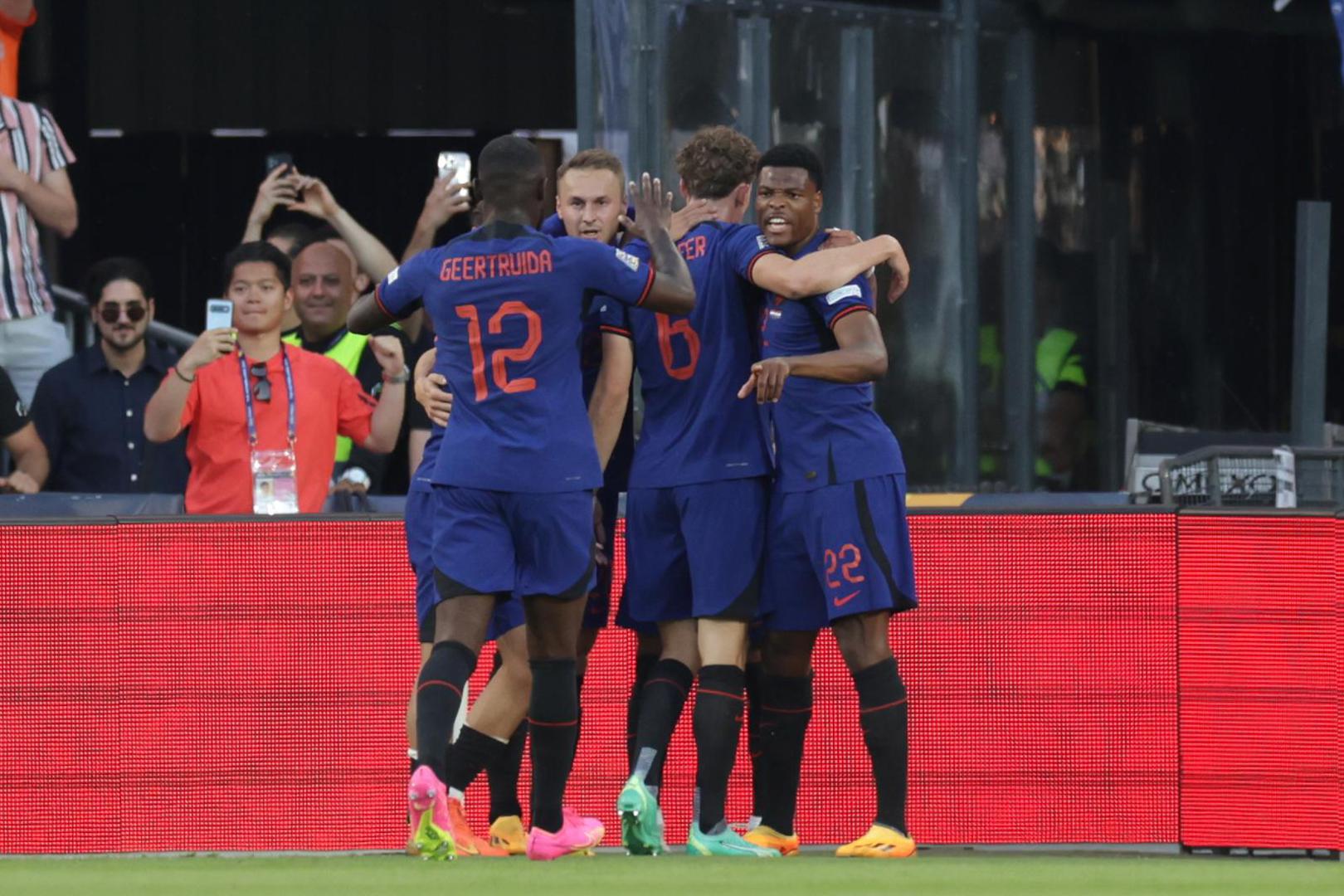 14.06.2023., stadion Feyenoord "De Kuip", Rotterdam, Nizozemska - UEFA Liga Nacija, polufinale, Nizozemska - Hrvatska. Nogometasi Nizozemske slave pogodak za 1:0. Photo: Luka Stanzl/PIXSELL