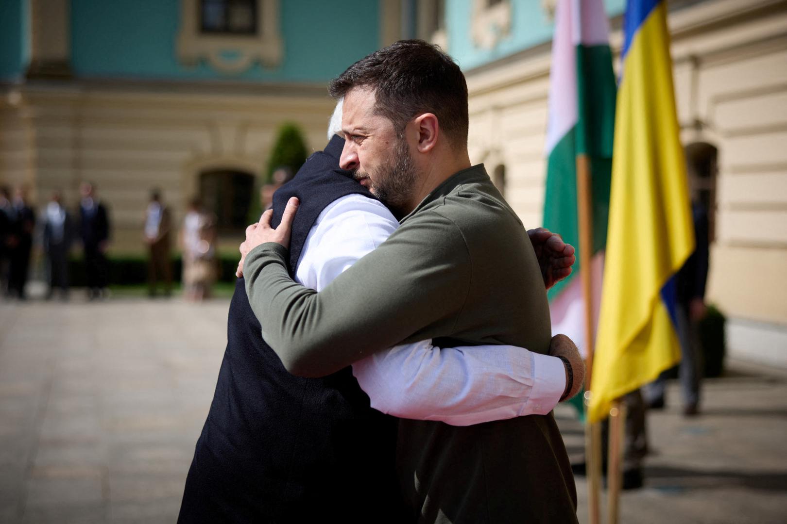 Ukraine's President Volodymyr Zelenskiy welcomes India's Prime Minister Narendra Modi, amid Russia's attack on Ukraine, in Kyiv, Ukraine August 23, 2024. Ukrainian Presidential Press Service/Handout via REUTERS ATTENTION EDITORS - THIS IMAGE HAS BEEN SUPPLIED BY A THIRD PARTY. Photo: Ukrainian Presidential Press Ser/REUTERS